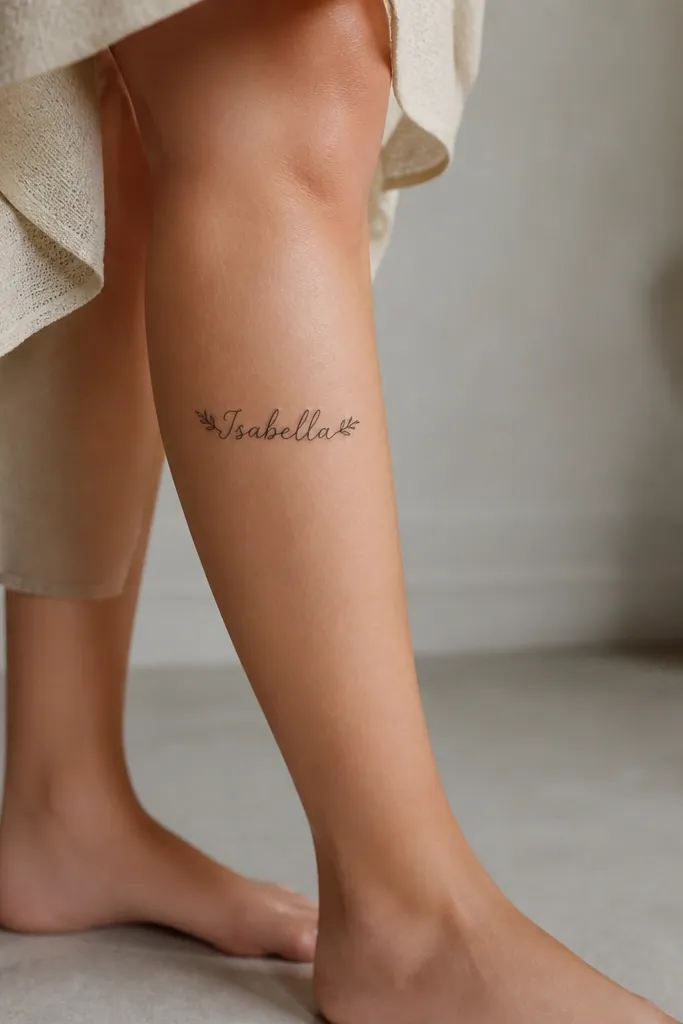 A black name written in clean cursive on the outer calf, horizontal baseline, with a small leaf-like flourish on the first and last letter.