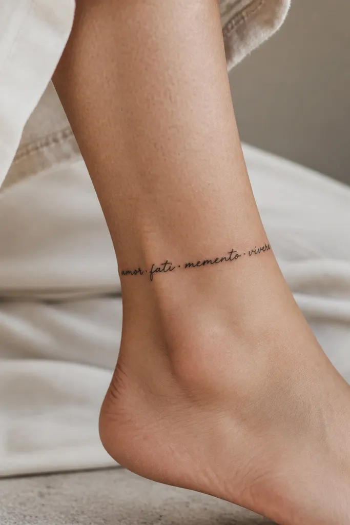 A black cursive name wrapped lightly around the inner ankle bone, with bold downstrokes and very small dots separating words or letters.