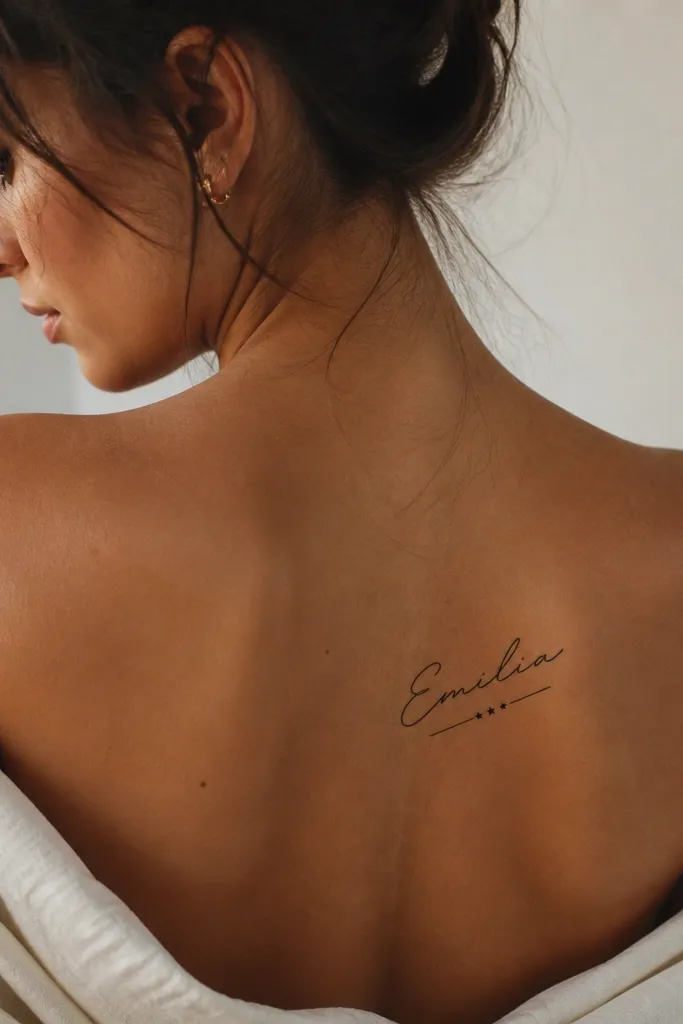 A black name placed on the back of the shoulder blade area, angled slightly, with a small underline and two tiny star dots near the middle.
