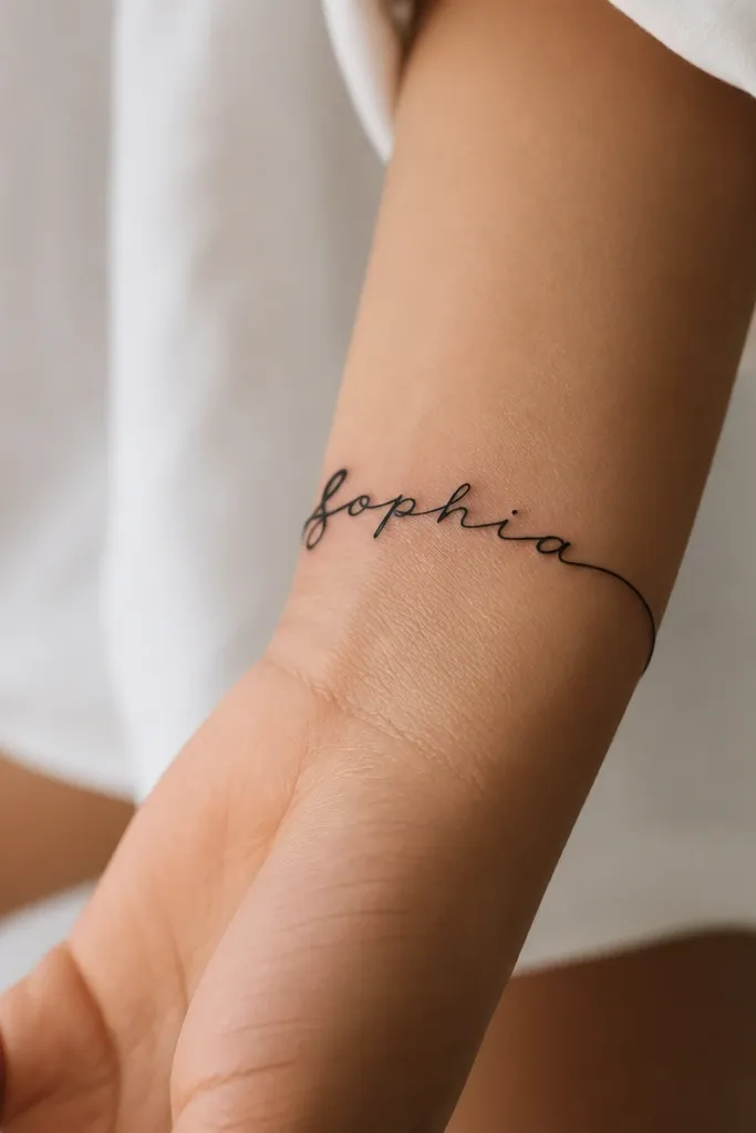 A black name written in cursive that wraps like a bracelet around the wrist, with the first and last letters slightly thicker for emphasis.