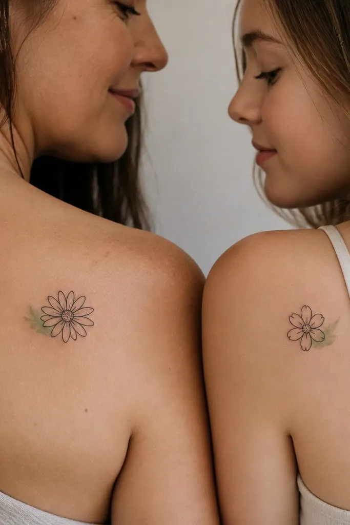 Two small birth-flower tattoos: Mom's is a simple black outline of a daisy with a tiny dot center, Daughter's is a small outline of a different flower with the same style of dot center. Both have one matching accent - a single soft green wash near the petals.