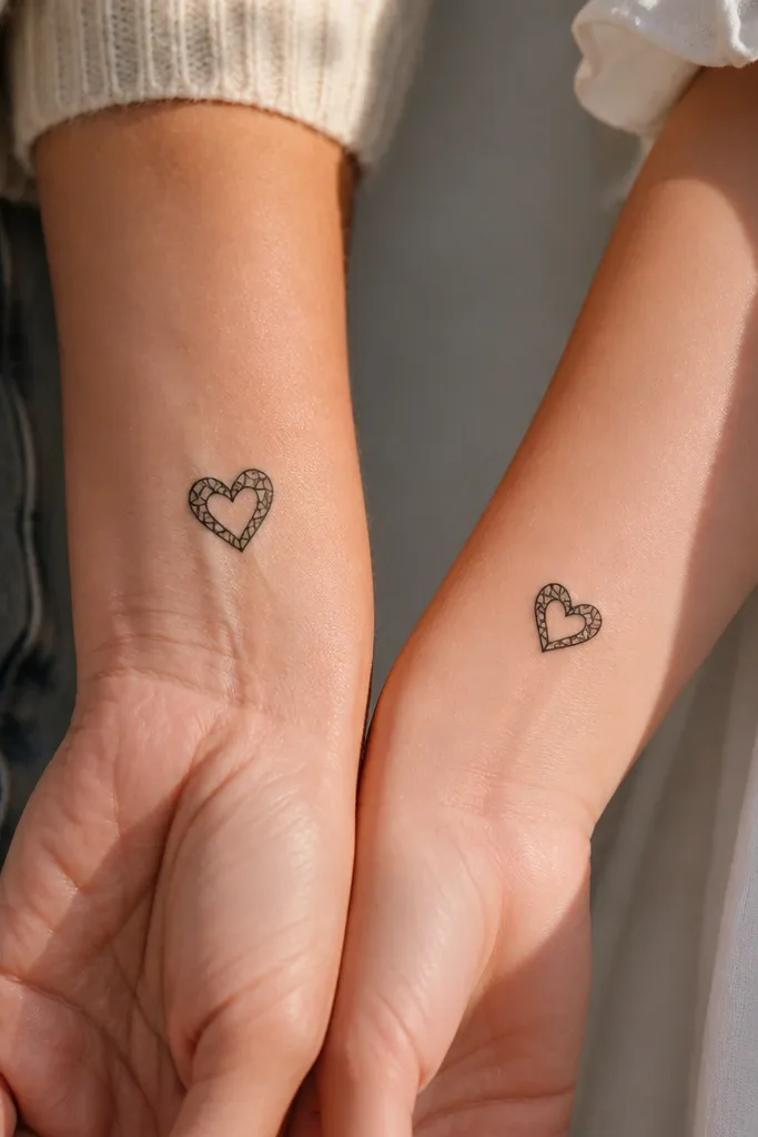 Two small heart tattoos: Mom has a small black heart with thin internal "skeleton" line details and a hollow center, Daughter has the same skeleton heart but slightly smaller and rotated a few degrees. Both are placed close together on opposite wrists.