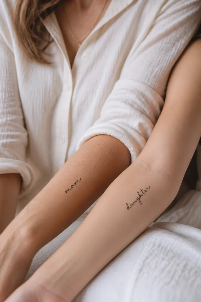 Two micro script tattoos: Mom has a short word in flowing black script, Daughter has the same script style with a different word. The letter height and thickness match, and the words are placed on the inner forearm with similar baseline angles.