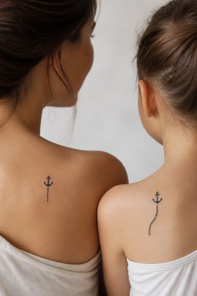 Two small anchor tattoos: both have the same tiny anchor top silhouette in solid black. Mom's anchor has a short chain made of linked dots, Daughter's has a slightly longer chain with a few angled links. Both are clean, minimal, and outlined sharply.