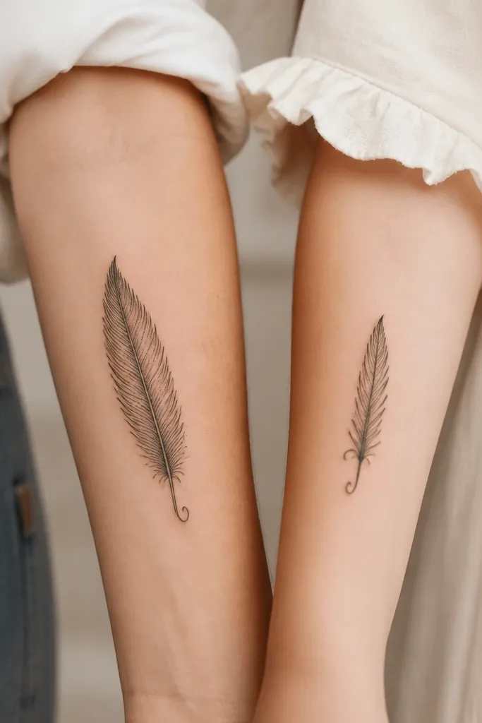 Two small feather tattoos: Mom's feather is slightly wider and black-lined with stipple shading near the shaft. Daughter's feather is narrower with fewer barbs. Both share the same distinctive feather tip curl detail at the end.