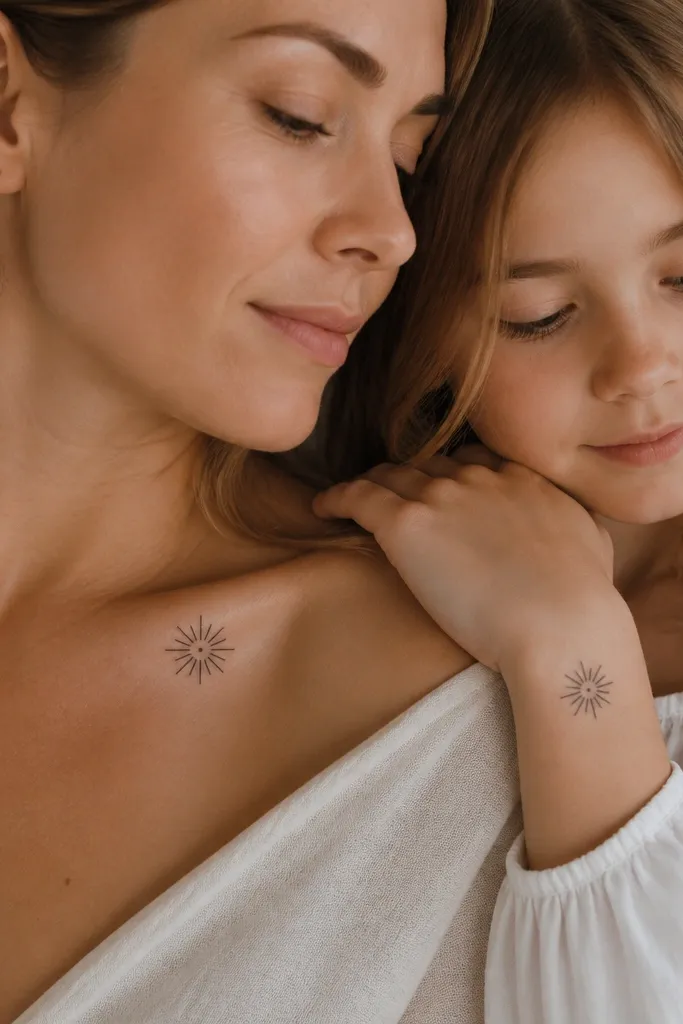 Two small sunburst tattoos: Mom has a 12-ray sunburst in solid black with a small circle center. Daughter has the same 12-ray sunburst but with slightly longer rays and a fractionally different center dot size. Both are placed near the collarbone and wrist.