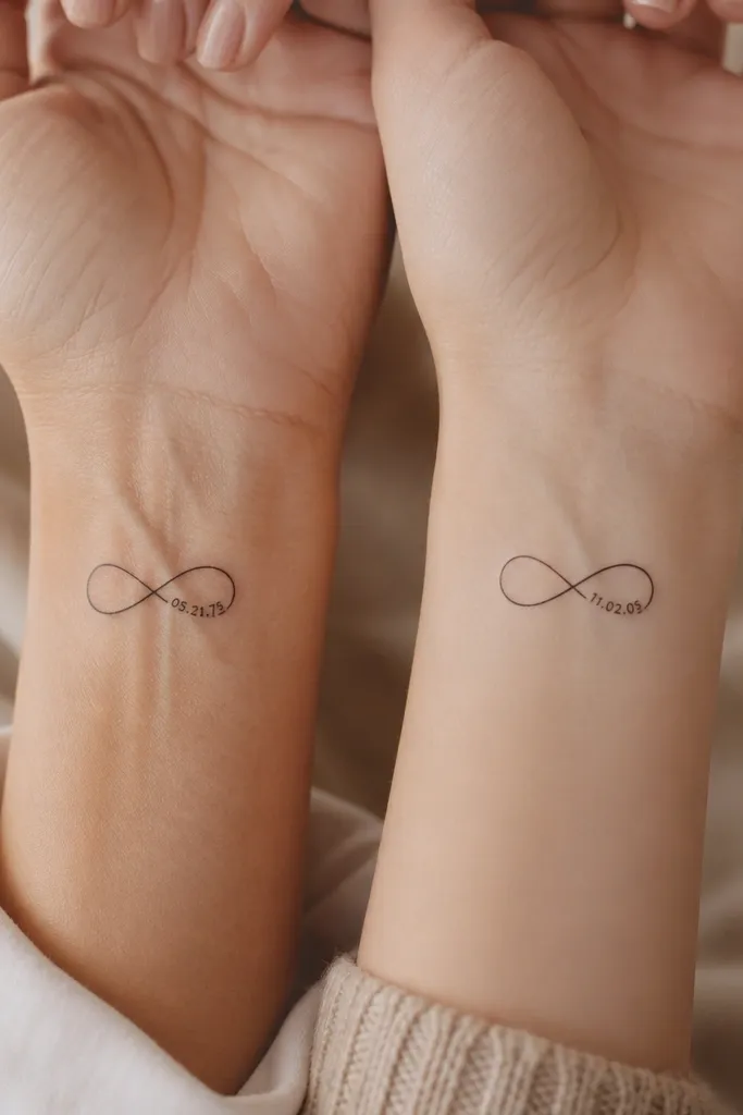 Two small infinity tattoos: Mom has an infinity loop in black with a tiny date line inside one loop. Daughter has the same infinity loop with the same style date line, but her date is different. Both are placed on opposite sides of the wrist.