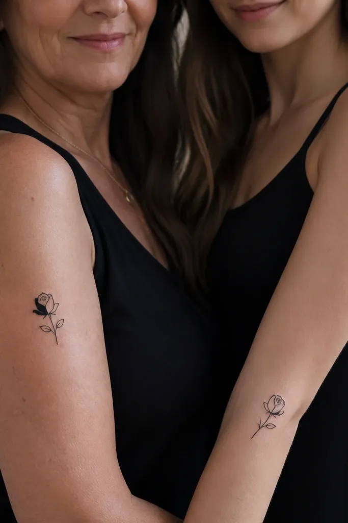 Two small black rose tattoos: Mom has a tiny rose outline with a few filled petals and a single petal gap near the top. Daughter has the same style rose but with fewer filled petals and the same exact petal gap shape. Both are placed on upper arm and forearm.