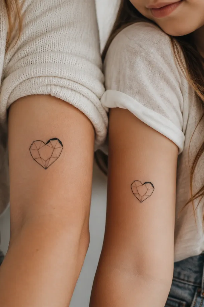 Two small geometric heart fragment tattoos: Mom has a heart made of thin black polygon lines with one thicker segment at the top. Daughter has a similar polygon heart but fewer fragments. Both share the same direction for the thick segment - it points toward the same angle.