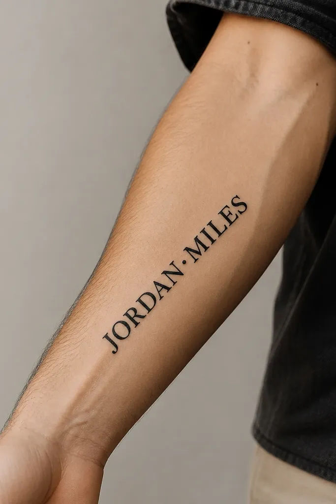 A forearm tattoo in black ink: the name is in bold italic serif lettering, slightly slanted upward. Between the first and second word (or between two name parts) there is a single dot divider centered on the baseline. The serifs are sharp, and the baseline looks straight.