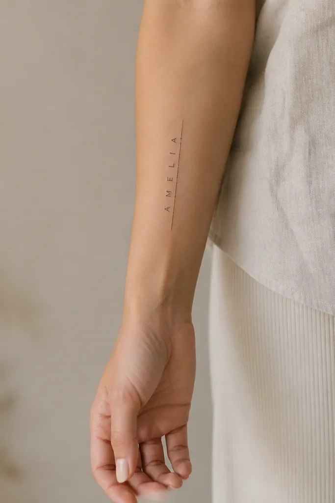 A minimalist forearm tattoo: a very small name written vertically from near the mid-forearm toward the wrist. To the right of the letters is a straight vertical line with two tiny marks, like a coordinate scale. The tattoo is black and crisp with lots of skin showing.