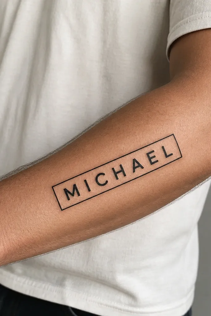A forearm tattoo with the name in uppercase block letters, straight and evenly spaced. A thin rectangular border frames the text, leaving a small gap between letters and the border. The ink is black with sharp edges and no shading.