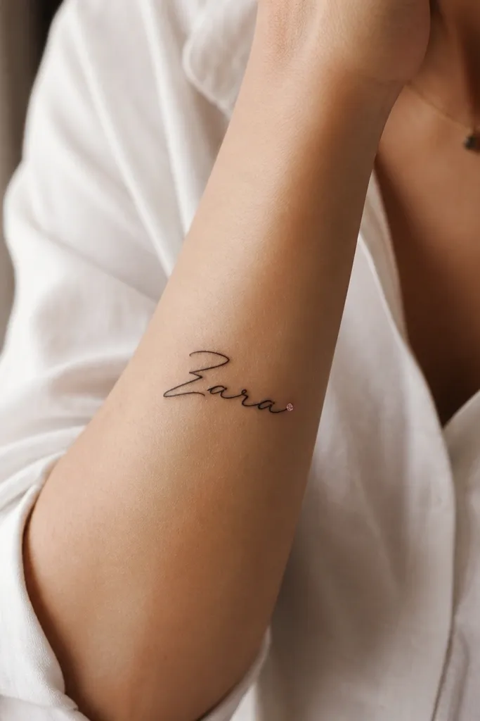 A black script name on the forearm. Behind the last letter sits a single small colored dot (a tiny gemstone-like circle). The script is black, smooth, and medium weight, with the colored dot slightly offset toward the outer edge.