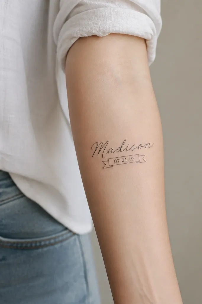 A forearm tattoo where the name is in clean script or light italic, and a thin ribbon-like banner sits under the middle of the name. On the ribbon is a short date in tiny numbers, all in black. The ribbon has straight edges and no shading.