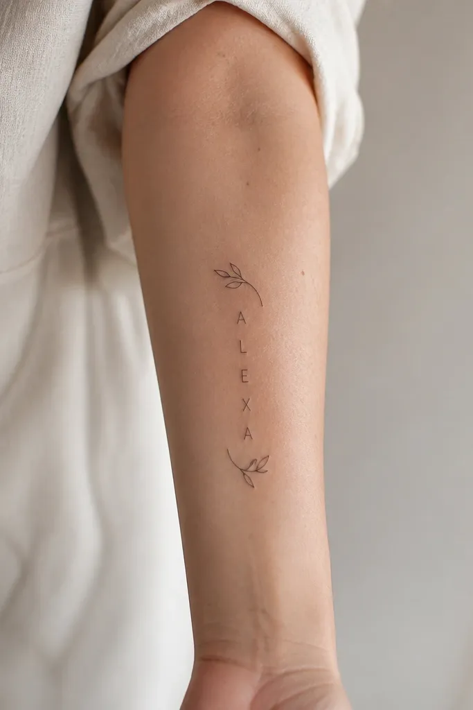 A name tattoo placed vertically on the inner forearm, with thin black letters. On both sides of the name there is a minimal leaf bracket shape: two small leaf outlines that curve toward the center, framing the name without touching the letters.