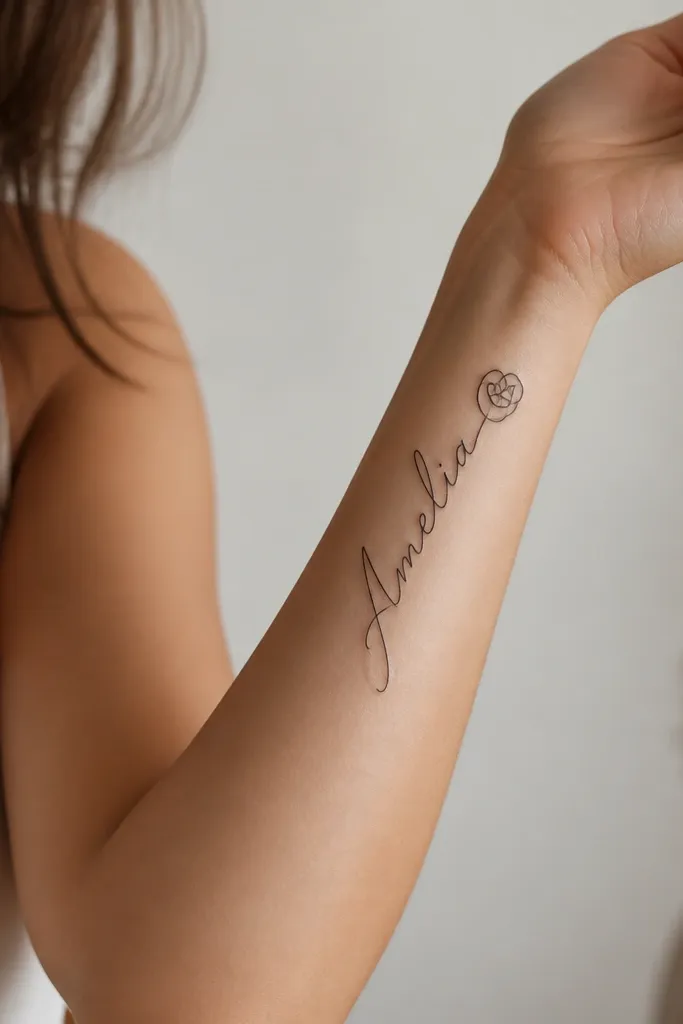 A name in black script on the outer forearm. At the end of the name, the final flourish curls into a small heart knot shape, drawn with clean lines. The heart knot is about the size of a nickel and sits at the top third of the forearm.