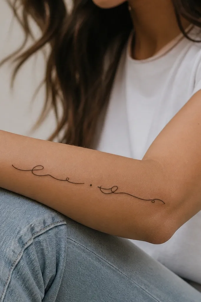 A black continuous single-line script name on the forearm, drawn like one unbroken stroke. There is a deliberate small break or pause at the middle of the name, marked by a tiny dot. The letters are hollow linework, not filled.