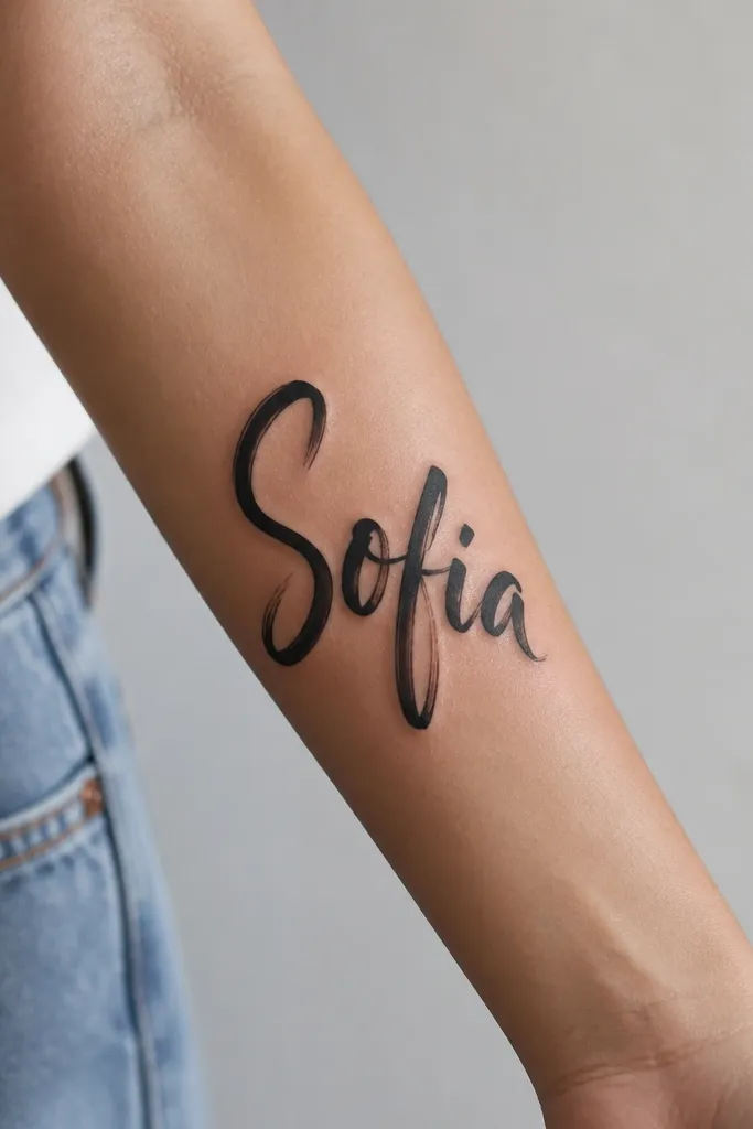 A forearm tattoo where the name is in black brush lettering. There is a subtle shadow offset behind the letters, slightly to one side, creating a faux 3D effect. The shadow is gray-black, not heavy, and the name strokes have tapered ends like a paintbrush.