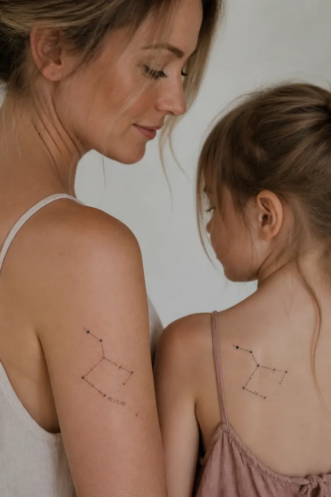 A fine-line constellation pattern in black ink on the mom's upper arm, with one star drawn as a slightly larger dot. The daughter's similar constellation sits on her shoulder blade with the same star size, and both include tiny date numerals tucked near the edge of the constellation lines.