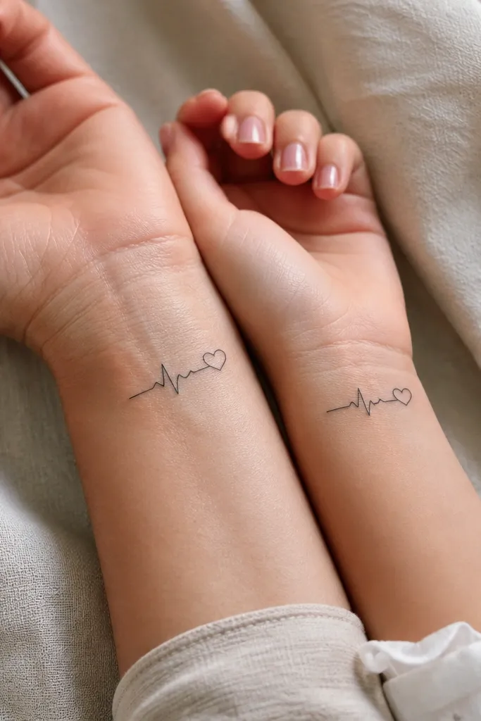 A continuous heartbeat line in black ink wraps across the mom's collarbone area, ending in a small heart shape. The daughter's heartbeat line is similar but ends with a tiny star instead, both with a few small tick marks along the curve.