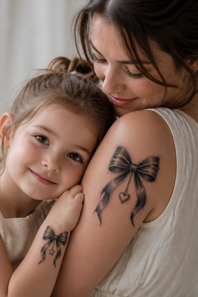 Two black-and-gray ribbon bows: the mom's bow is on her upper arm with a small charm icon hanging from the center, and the daughter's bow is on her wrist with a different charm. The bow tails have fine linework and tiny dot highlights along the folds.