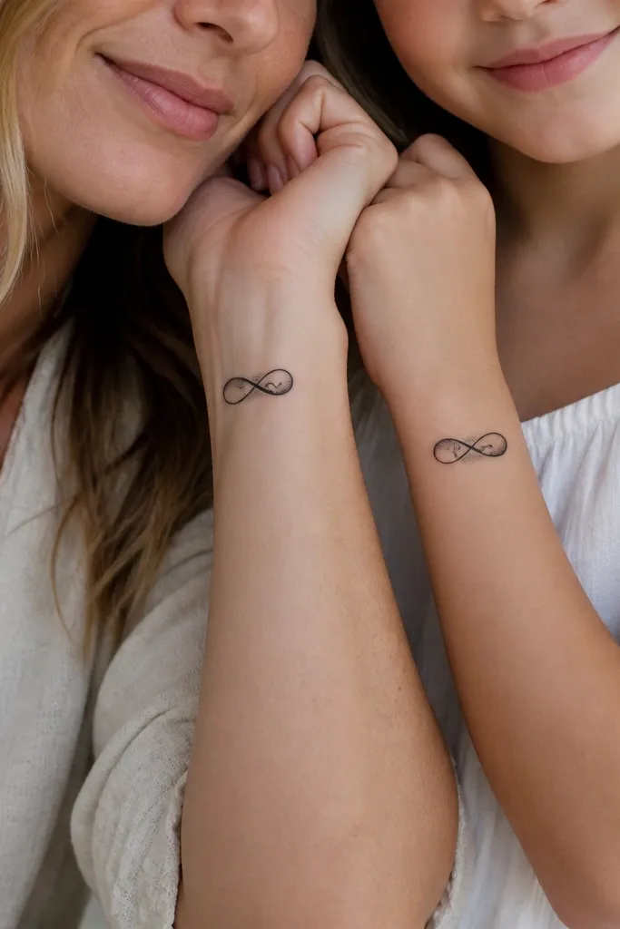 A clean infinity symbol in black ink on the mom's inner wrist with a small negative-space initial hidden in the center loop. The daughter's infinity symbol is mirrored with her initial hidden in the same spot and the loops have tiny dot shading on the lower edges.