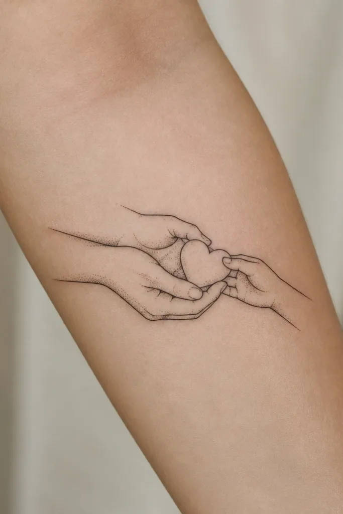 A line-and-dot black ink tattoo of two sets of hands: the mom's hands are larger and hold a small heart shape, while the daughter's hands are smaller and hold the same heart shape. The heart is the only shared detail, and the rest of the fingers are drawn in different angles.