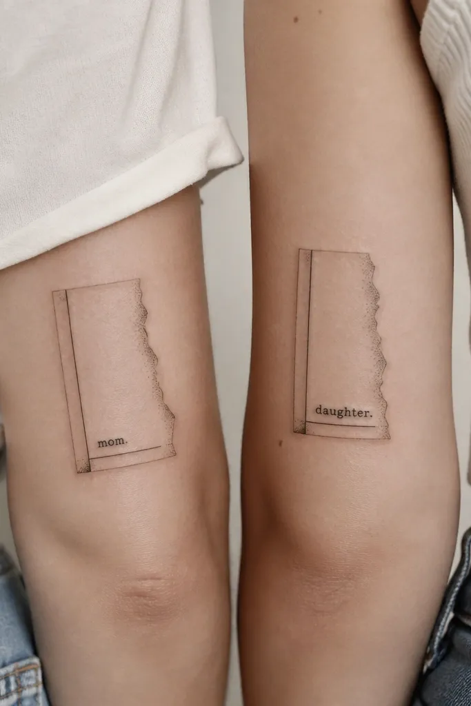 Black-and-gray tattoo that looks like a torn book page fragment. The mom's page fragment includes a short line at the bottom and a margin line at the side; the daughter's page fragment has the same margin style but different words. Both have tiny dot shading along the torn edge.