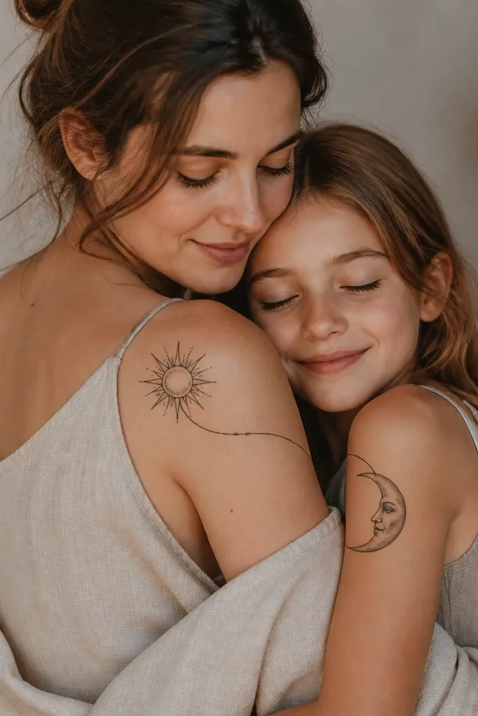 A black-and-gray sun with short rays on the mom's shoulder and a matching moon with a crescent face on the daughter's upper arm. Both share one thin line that connects the sun's rays to the moon's curve, like a shared orbit line. Small dot highlights mark the orbit points.