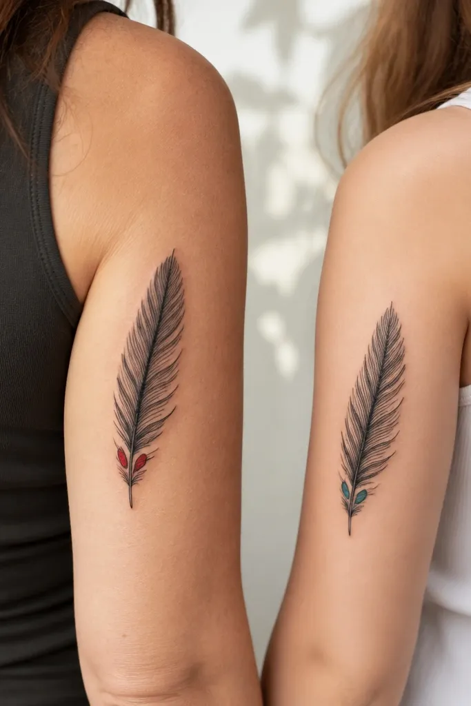 Two black-and-gray feather tattoos. The mom's feather has two small accent spots in deep red ink near the quill, while the daughter's feather has the same placement but in soft teal. Both feathers are drawn with fine barbs and a smooth central quill line.
