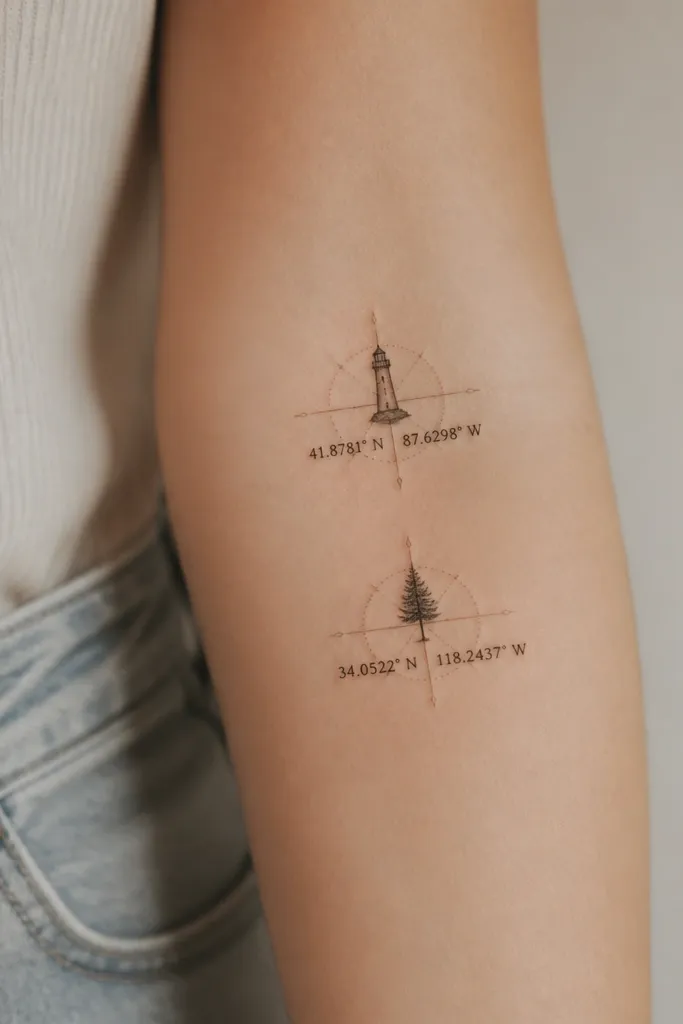 A black-ink tattoo showing two sets of coordinates in small numerals, each next to a tiny landmark icon. The mom's landmark is a lighthouse; the daughter's is a small tree. Both include a thin compass rose line behind the numerals.
