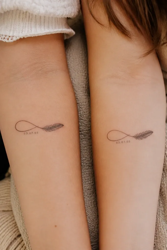 A black-and-gray infinity symbol on the mom's rib side with a small feather tucked under one loop. The daughter's tattoo is similar but placed on her outer thigh, with the same feather style. Each has a hidden date written in tiny numerals under the loop, visible only when the skin stretches.