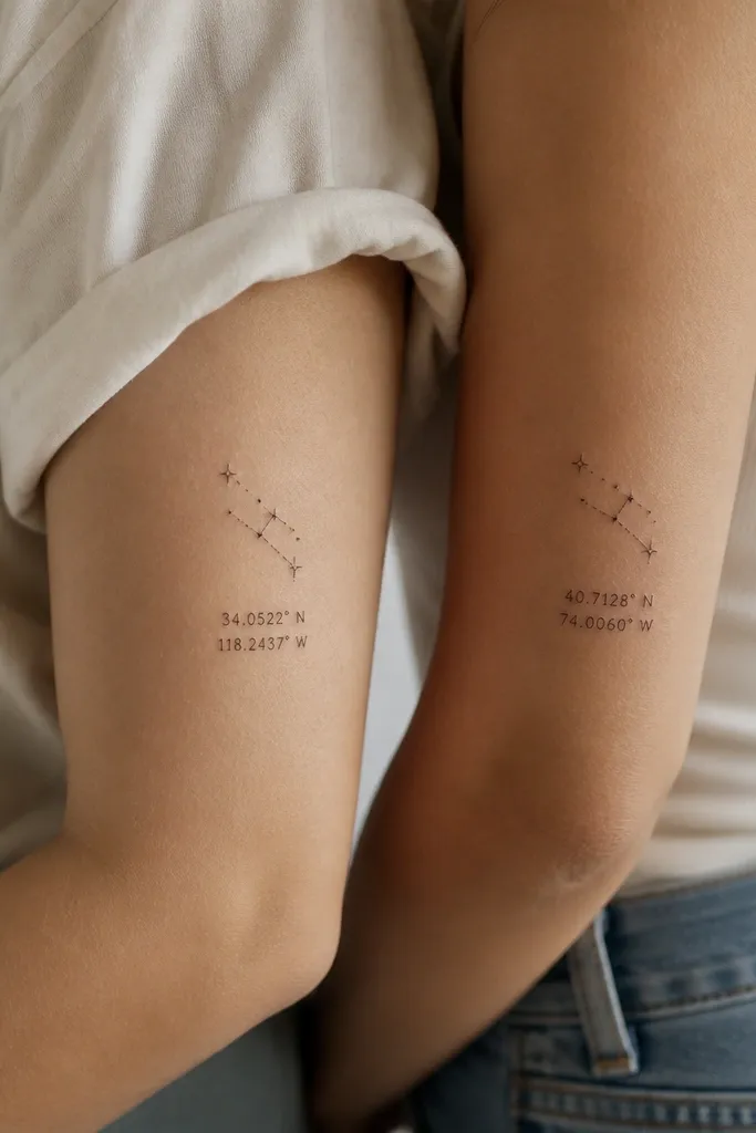 A small constellation cluster drawn in fine black lines above a pair of coordinate strings; each person has the same star positions but different latitude/longitude text.