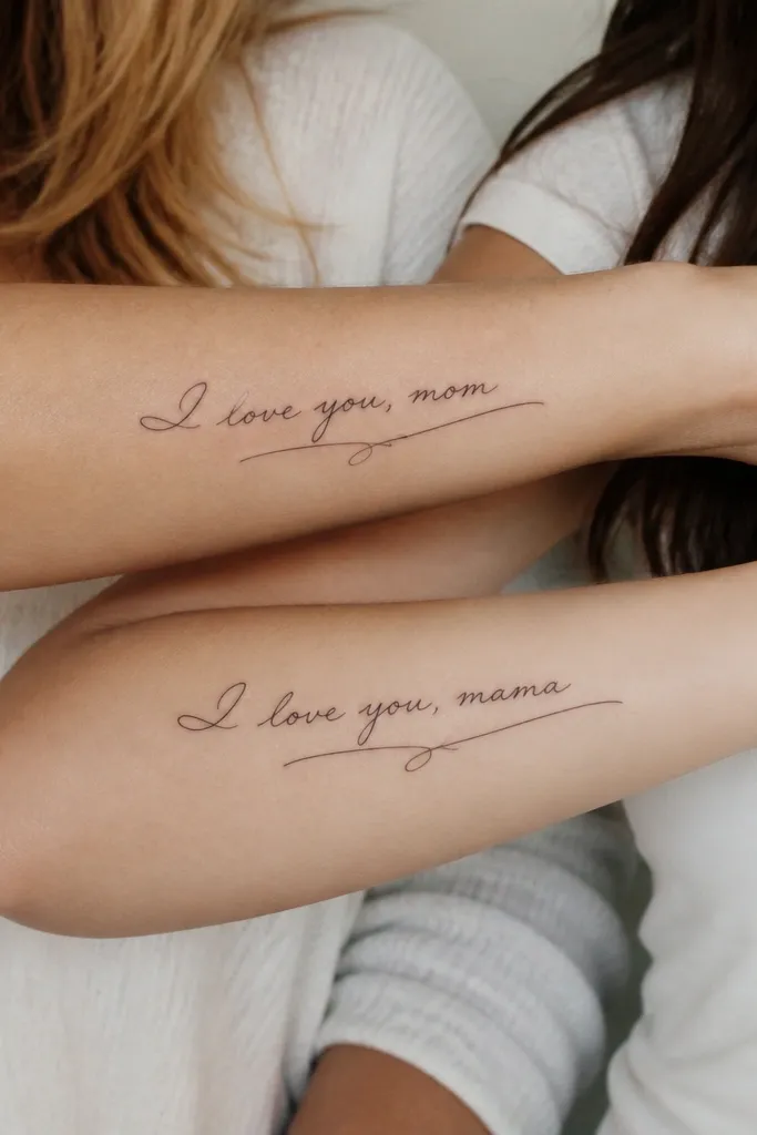 Two forearm tattoos showing matching handwriting script; the mother's line has one specific word, while the daughter's line replaces that word with her own version, and both lines share the same underline flourish.