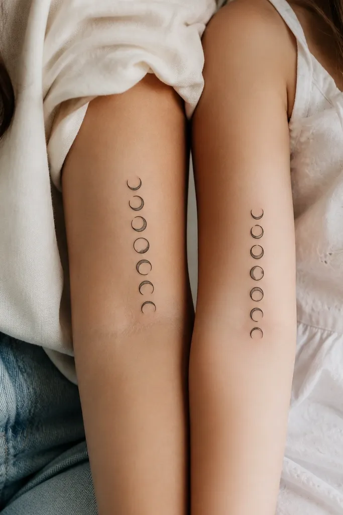 A vertical set of small moon phases drawn in black; both mother and daughter tattoos have the same outline style and spacing, but their highlighted moon shows a different phase.