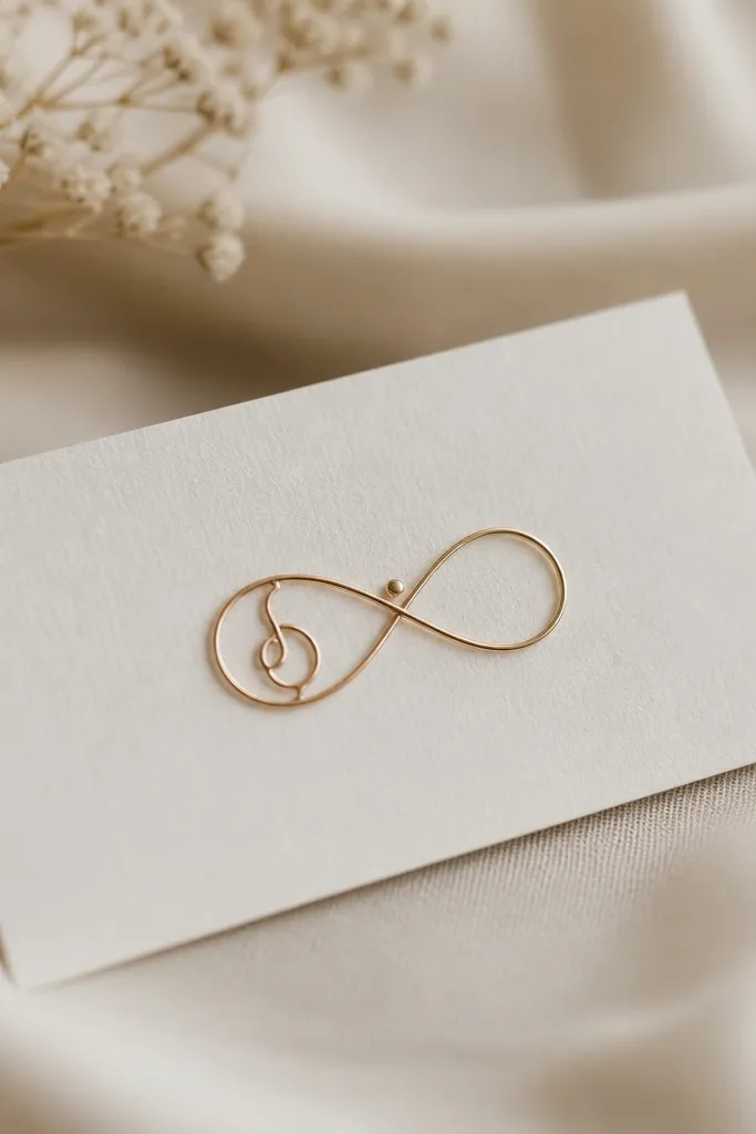 A thin infinity symbol with smooth linework; inside one loop there is a small initial monogram, and a tiny dot accent sits near the crossover point.