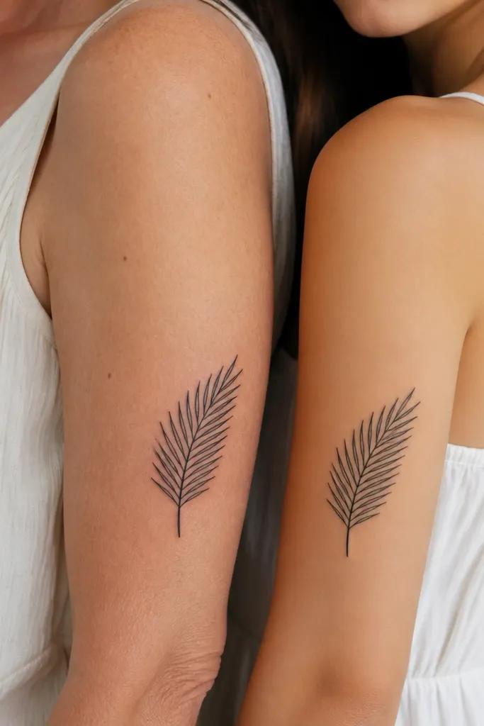 Two tattoos showing a palm tree frond drawn in black; the frond has the same base and line style, but one leaf tip has a slightly different cut shape for the mother and daughter.