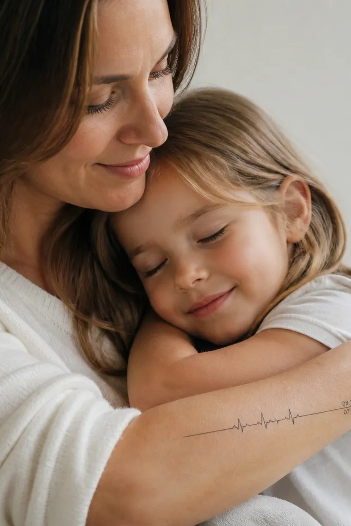 A thin heartbeat monitor line running horizontally across the wrist or forearm; at the far right end there are two tiny date numbers, one for the mother and one for the daughter.