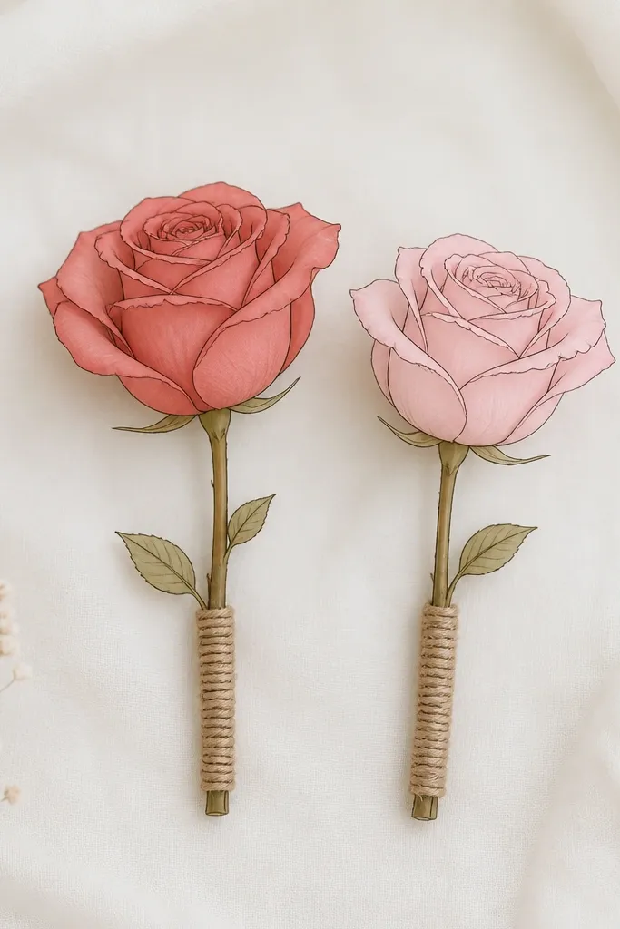 A rose outline with minimal shading; the mother's rose has a muted red petal tint, the daughter's has a soft pink tint, and both share the same stem wrap lines and tiny leaf placements.