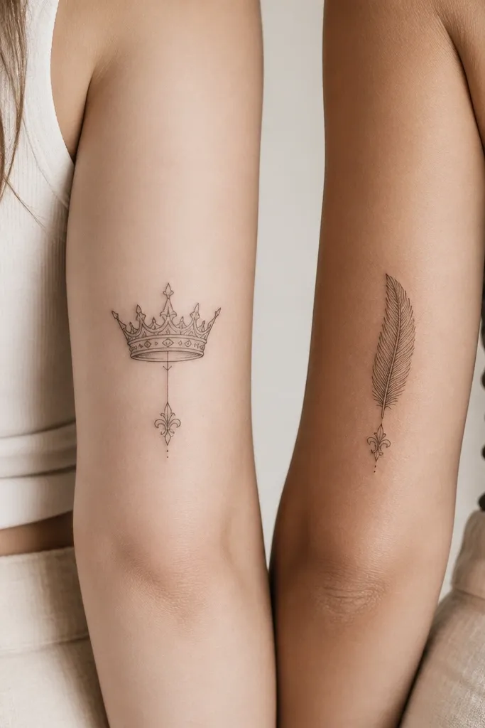 A crown drawn in fine black lines on one tattoo and a feather drawn in the same fine black lines on the other; both share the same small base ornament at the bottom.
