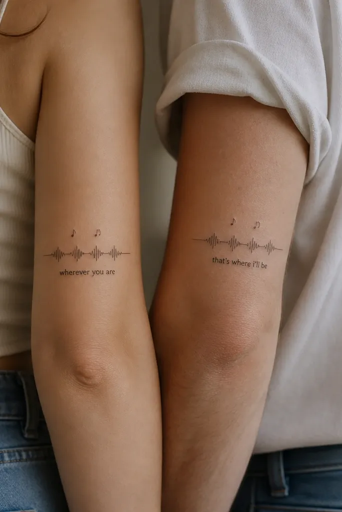 A thin waveform line like an audio track; above it are a few small music notes spaced the same on both tattoos, and each tattoo includes a short lyric fragment in clean lettering.