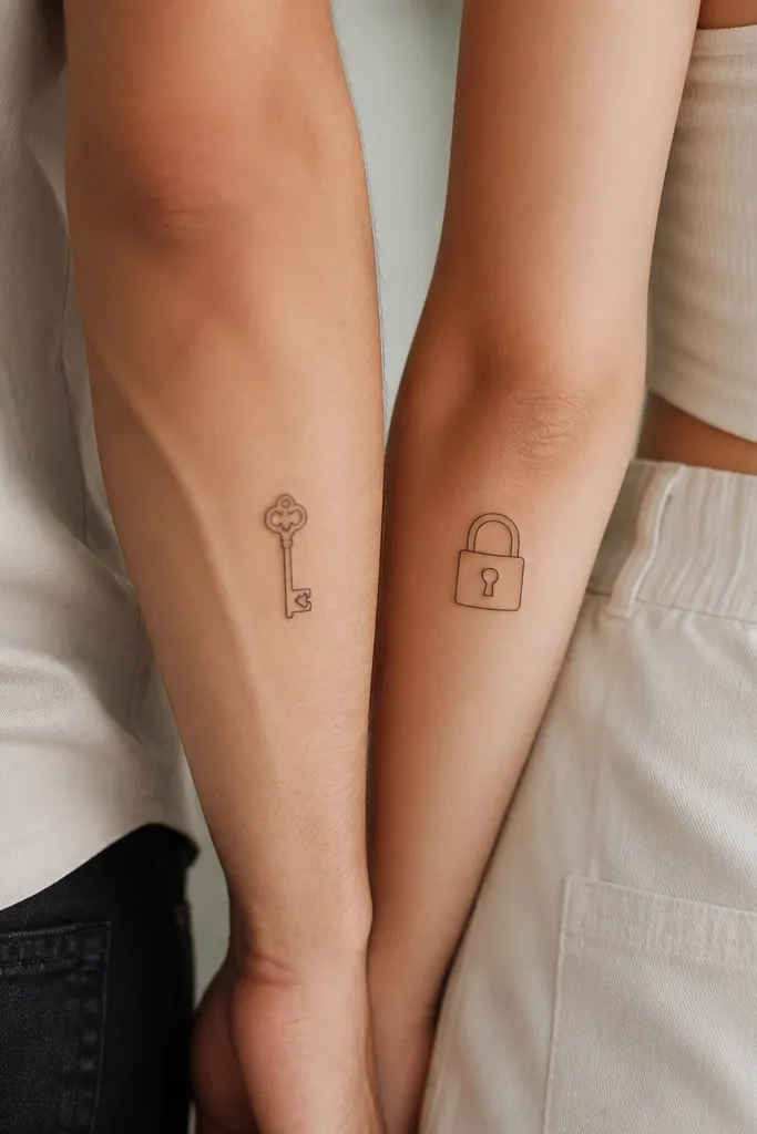 A small key tattoo with a heart-shaped notch on one person and a lock with the same heart-shaped keyhole on the other; both are drawn in thin black lines with minimal shading.