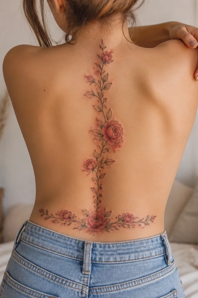 A vertical spine tattoo starting near the upper lumbar area with a soft watercolor rose in muted blush and dusty rose, then two smaller faded buds stacked below. Below the same centerline, a tramp stamp rose sits at the upper hip with a matching watercolor wash and a thin stem that points toward the spine line.