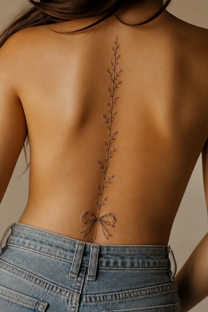 A thin fine-line vine runs vertically along the spine with small leaves spaced evenly. At the lower back, the vine splits into two mirrored arcs that meet into a small bow shape centered on the tramp stamp placement.