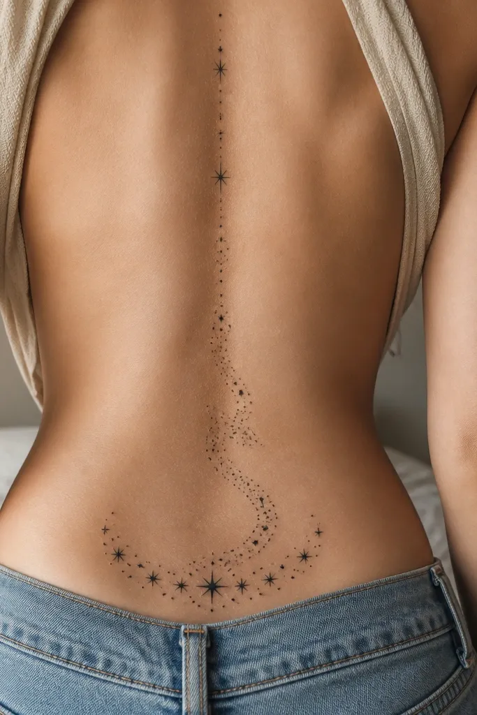 A vertical spine tattoo made of small black dots forms a comet trail with a denser cluster at the top. At the lower back, a tramp stamp constellation of three stars sits centered, with dot tails pointing upward toward the spine trail.