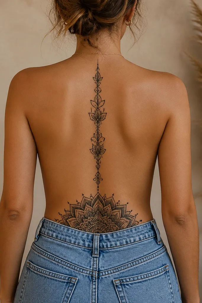 A vertical blackwork mandala column runs down the spine with repeating radiating patterns. At the lower back, the tramp stamp shows only the upper half of a mandala, centered and aligned to the spine's centerline.