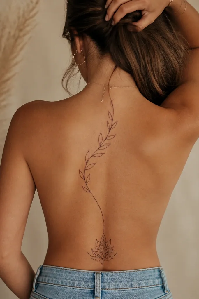 A thin continuous line follows the spine in a gentle curve, ending near the lower back. From that endpoint, a single leaf line extends into a tramp stamp placement with a small vein line inside the leaf.