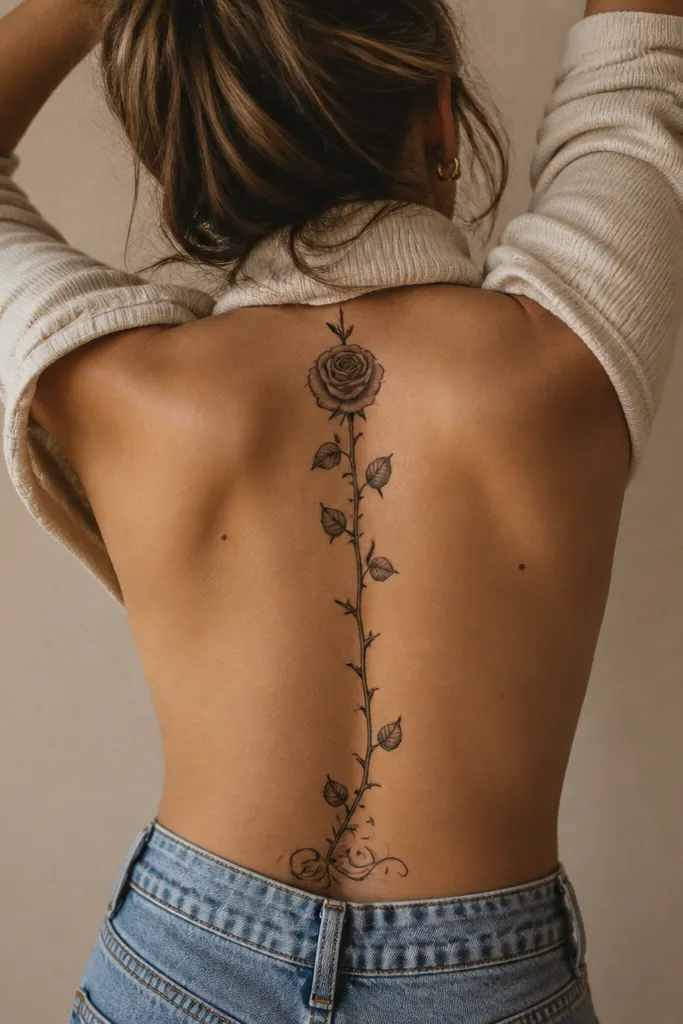 A black rose with a thorny stem sits along the spine, with thorns pointing slightly outward. The tramp stamp shows a second black rose head smaller, placed slightly off-center but still aligned to the thorn stem direction.