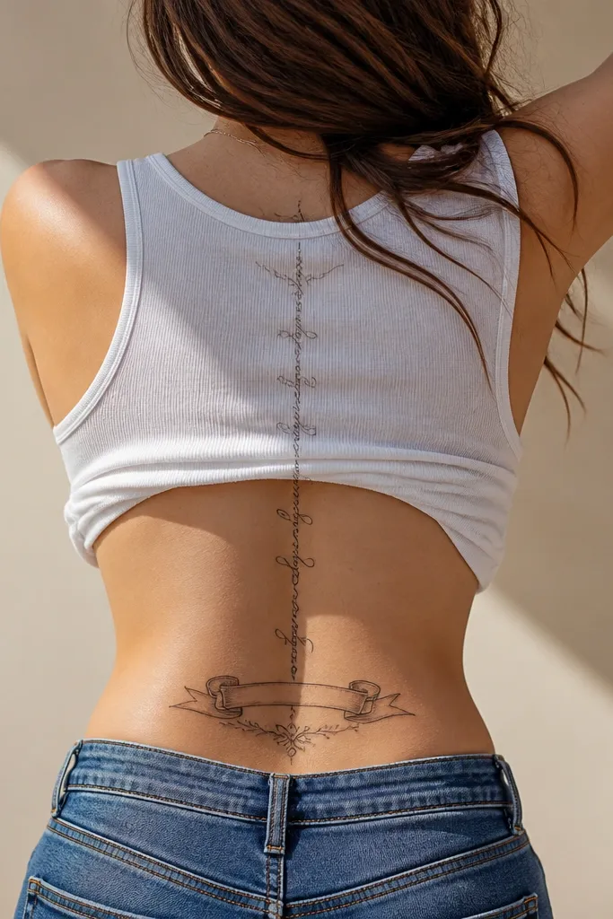 A spine tattoo shows a vertical script phrase with small flourishes. At the lower back, a banner wraps horizontally across the tramp stamp area with the same script style, and the ends curl upward toward the spine script flourishes.