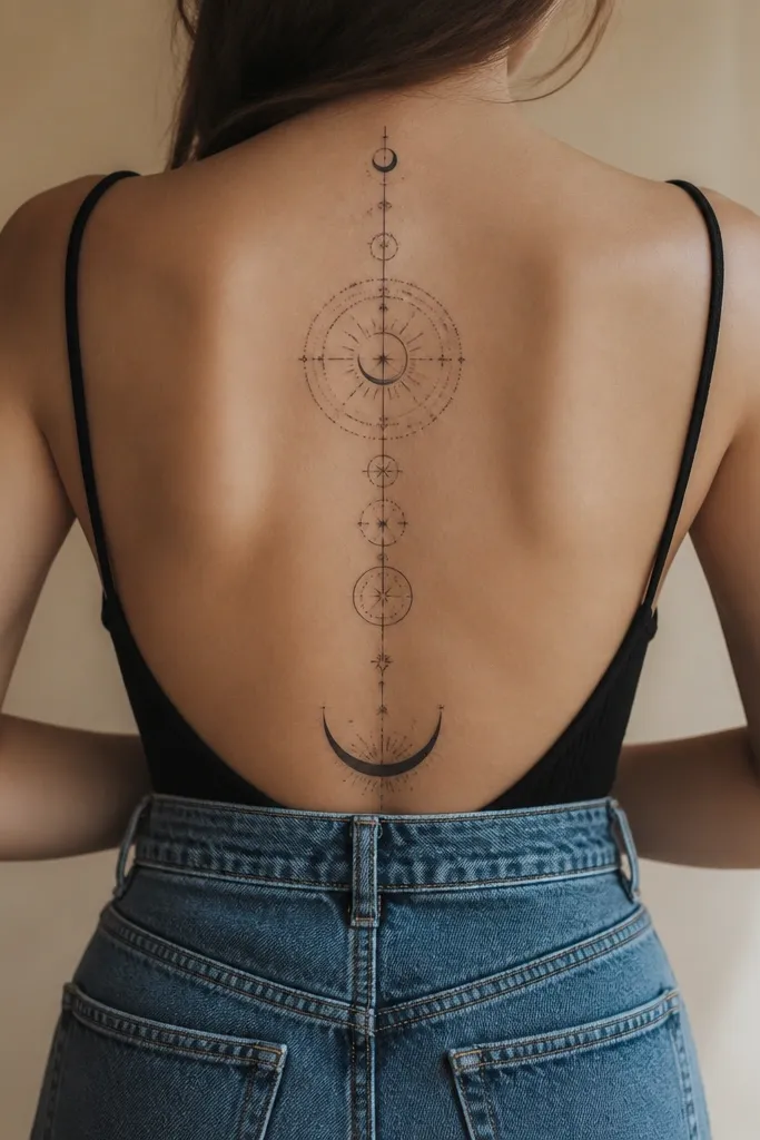 A vertical spine tattoo shows a partial circular spell ring with small symbols around it, like a halo cut by the spine line. At the lower back, a crescent shape sits centered, with the crescent tips aligned to the ring's broken edges.